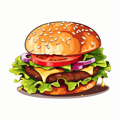 Realistic and detailed hamburger with beef meat, cucumber, salad, onion and cheese