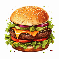 Realistic and detailed hamburger with beef meat, cucumber, salad, onion and cheese
