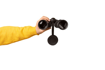 binoculars in hand isolated on transparent background, find and search concept.