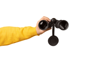 binoculars in hand isolated on transparent background, find and search concept.