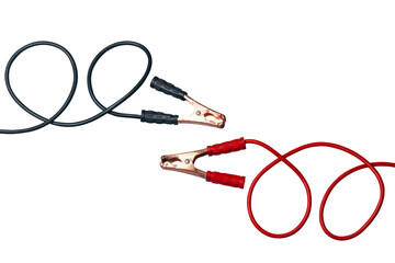battery jumper cables isolated on transparent background, red and black are parallel to each other - 633009384