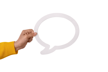 Dialogue bubble in hand Female hand holding credit card isolated on transparent background