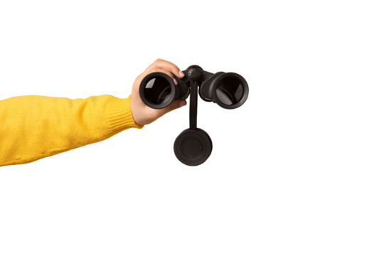 binoculars in hand isolated on transparent background, find and search concept.