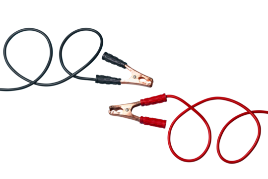 battery jumper cables isolated on transparent background, red and black are parallel to each other