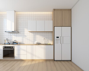 Modern japandi style kitchen room with minimalist built-in cabinet and kitchen appliances.3d rendering