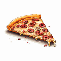 Vector illustration of a pizza slice with mushrooms, salami and cheese metling on the edge