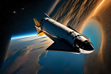 Obraz premium A majestic space shuttle gracefully soars through the vastness of space, leaving a trail of stardust behind