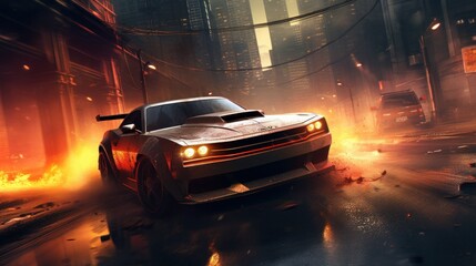 Intense scene of a sport car getting chased in the middle of the city, chaos and explosions