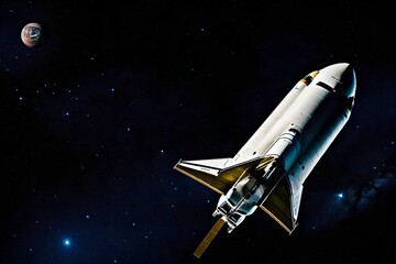 A majestic space shuttle gracefully soars through the vastness of space, leaving a trail of stardust behind