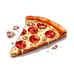 Vector illustration of a pizza slice with mushrooms, salami and cheese metling on the edge