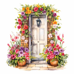 Fototapeta na wymiar Door surrounded by flowers and vase in front of it vector watercolor painting