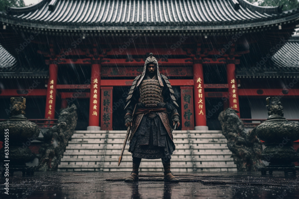 Poster a epic samurai with a weapon sword standing in front of a old japanese temple shrine. rainy day with