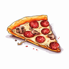 Vector illustration of a pizza slice with mushrooms, salami and cheese metling on the edge
