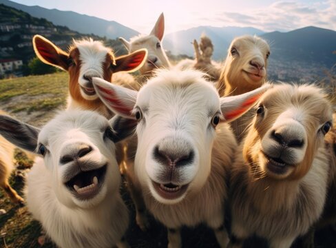 Several sheep take a group selfie