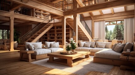 Obraz na płótnie Canvas Interior Design of a Living Room in the Style of Wood and an Eye Catching Sofa of color White.