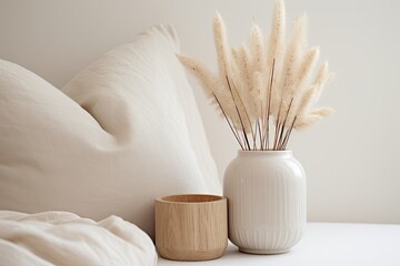 The image showcases a minimalistic home interior design concept with a bunny tail grass arranged in an elegant tan vase, a wooden storage box, and a neutral beige blanket placed against a white wall
