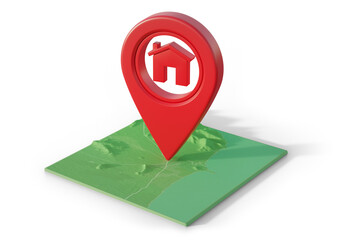 3d rendering of map pin icon. Simple red location pointer with house symbol.