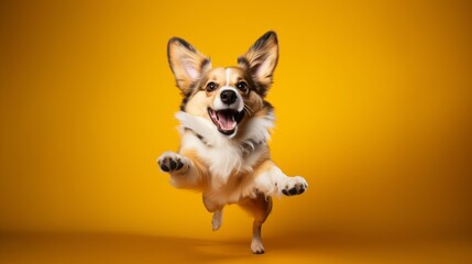 Photo of a joyful corgi dog leaping through the air with a wide-open mouth created with Generative...