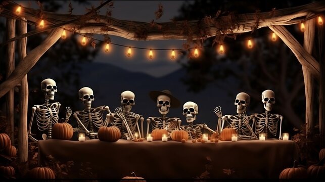 Illustration of a spooky Halloween scene with skeletons gathered around a table of pumpkins