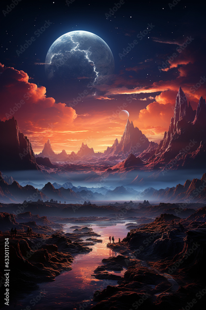 Poster an artist's rendition of the sky on an imagined exoplanet, showcasing unfamiliar constellations and 
