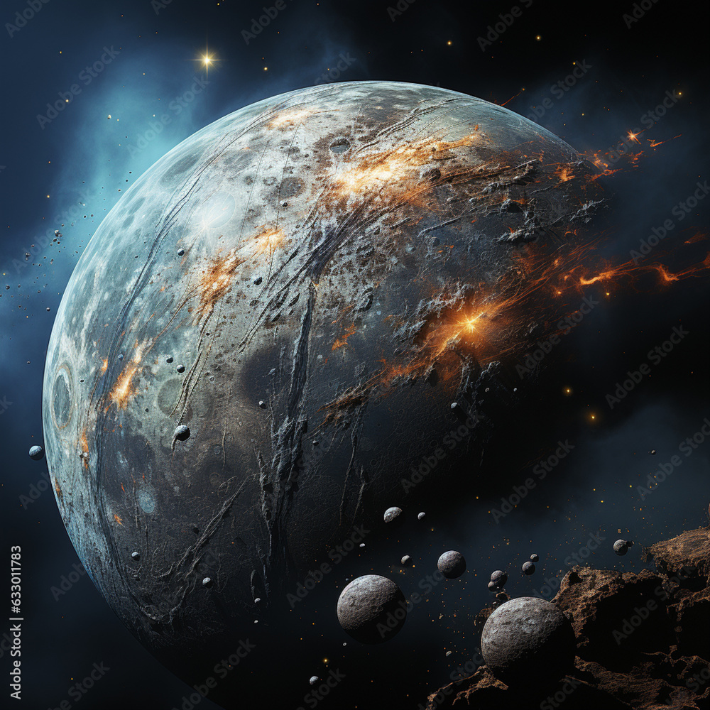 Poster an image of jupiter's moon ganymede, showcasing its complex surface with a mixture of older, heavily