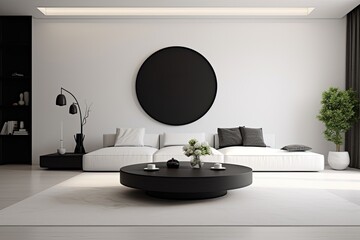 The living room has a pleasing visual appeal, with a clean and simple design. There is an open area for adding personal touches. The white wall provides a backdrop, while a round coffee table in black