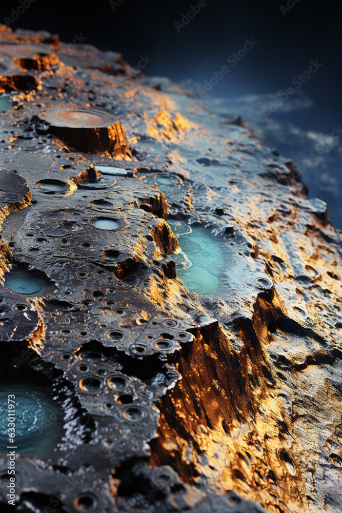 Poster A close-up image of Mercury's heavily cratered surface, revealing its geological history and the effects of constant bombardment. Generative AI technology.