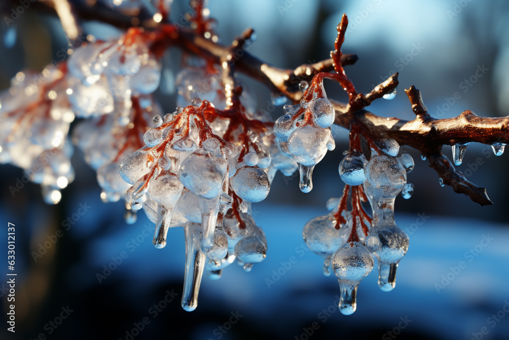 Poster a scene featuring a cluster of icicles hanging from a tree branch, resembling a delicate chandelier 