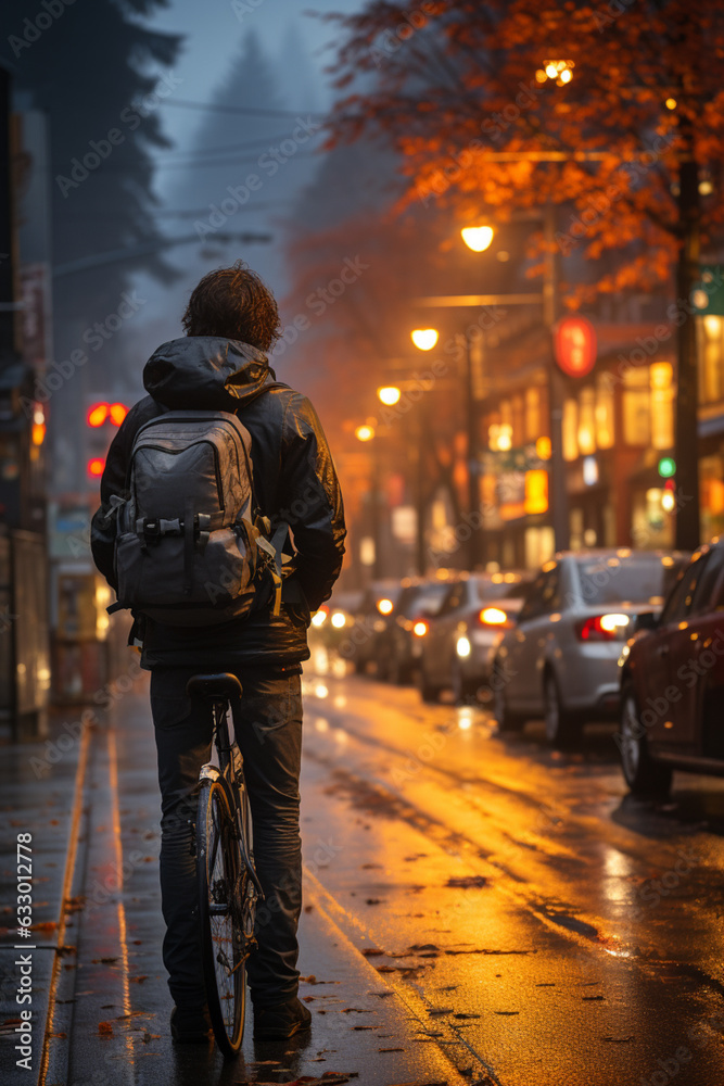 Poster A photograph of a cyclist waiting at a traffic light, showcasing the integration of traffic management systems for different modes of transportation. Generative AI technology.