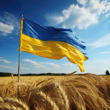 Ukrainian flag on wheat field against blue sky background. Independence Day of Ukraine, flag day.