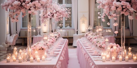 Pink wedding interior, flower arrangements. Generative AI