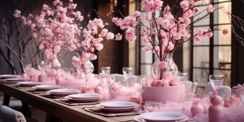 Pink wedding interior, flower arrangements. Generative AI