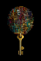 Golden old key with full of colorful symbols  key patch: digital art illustration, in the style of colorful assemblages, computer-aided manufacturing detailed craftsmanship 3D illustration GenerativeA