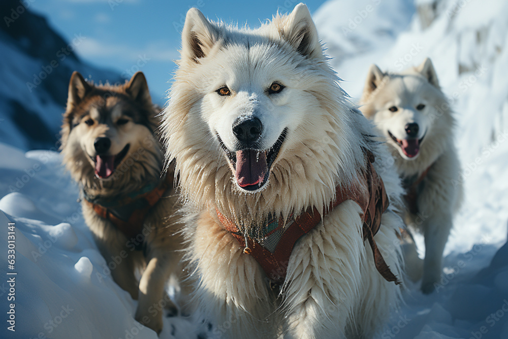 Poster a series of images documenting a snow husky team's journey through snow-covered landscapes, highligh