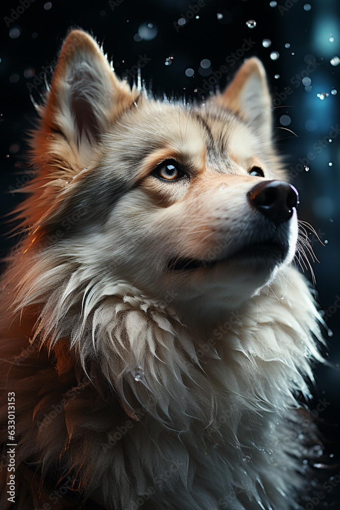 Aufkleber an expressive photograph of a snow husky gazing into the distance, its fur covered in frost and snow