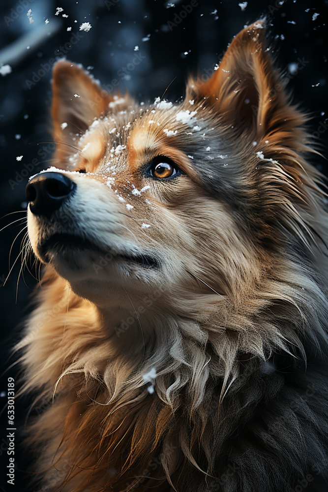 Poster an expressive photograph of a snow husky gazing into the distance, its fur covered in frost and snow