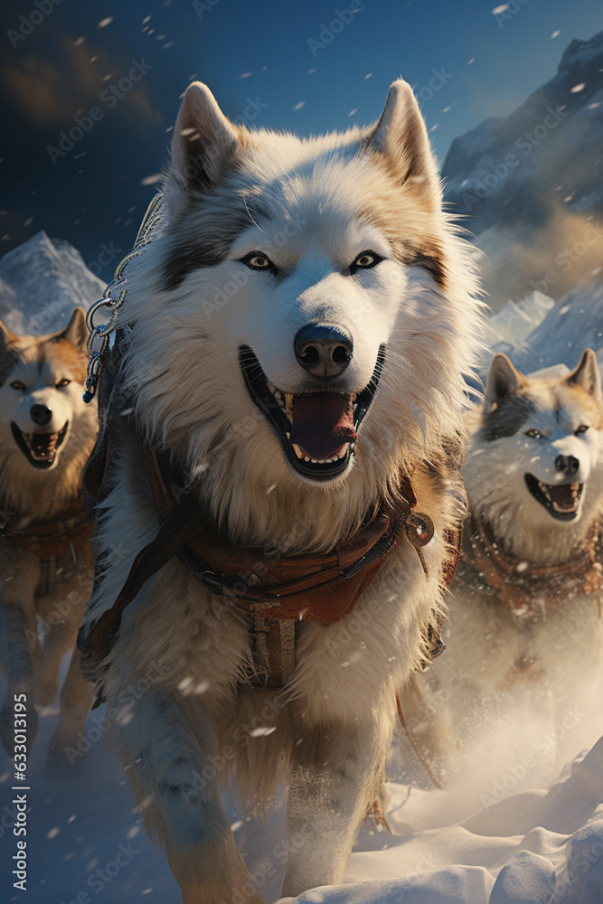 Poster  A captivating image of a snow husky team pulling a sled across a frozen lake, epitomizing their teamwork and dedication.  Generative AI technology.