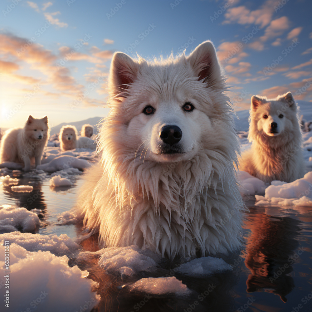 Poster a serene capture of snow huskies resting by a frozen lake, surrounded by a serene and wintry landsca