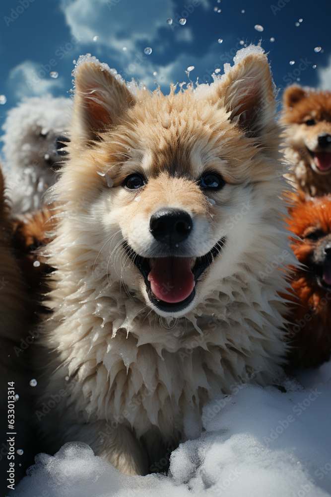Poster an adorable snapshot of snow husky puppies playing joyfully in the snow, capturing their boundless e