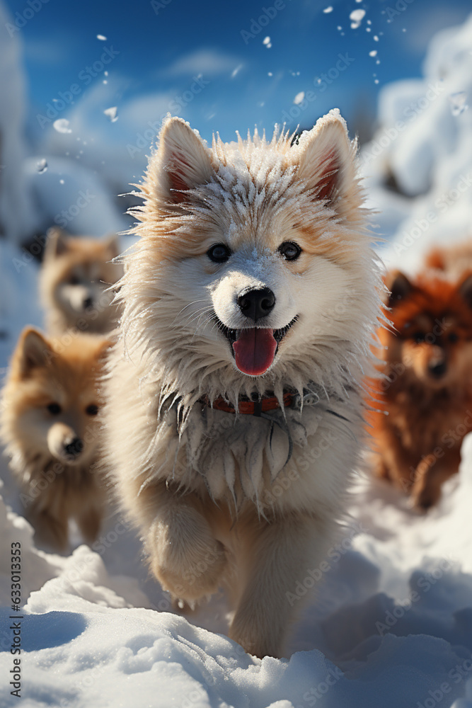 Aufkleber  An adorable snapshot of snow husky puppies playing joyfully in the snow, capturing their boundless energy and curiosity. Generative AI technology.