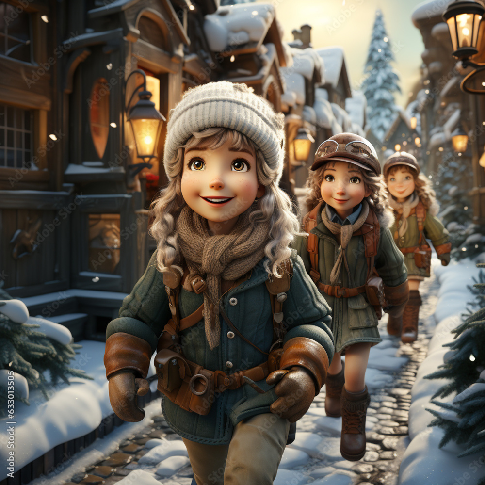 Poster A playful scene of elves embarking on an adventurous journey through a snowy forest or a bustling cityscape.  Generative AI technology.
