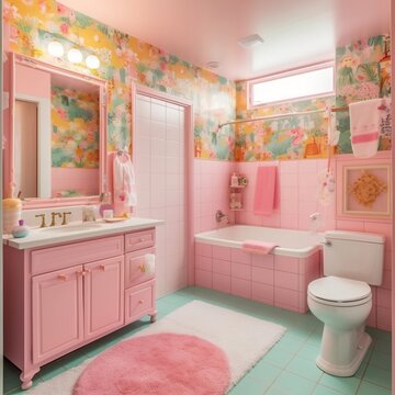 Barbie bathroom design, Pink, barbie, bathroom, design, wallpaper, green, AI generated image, AI Art, 