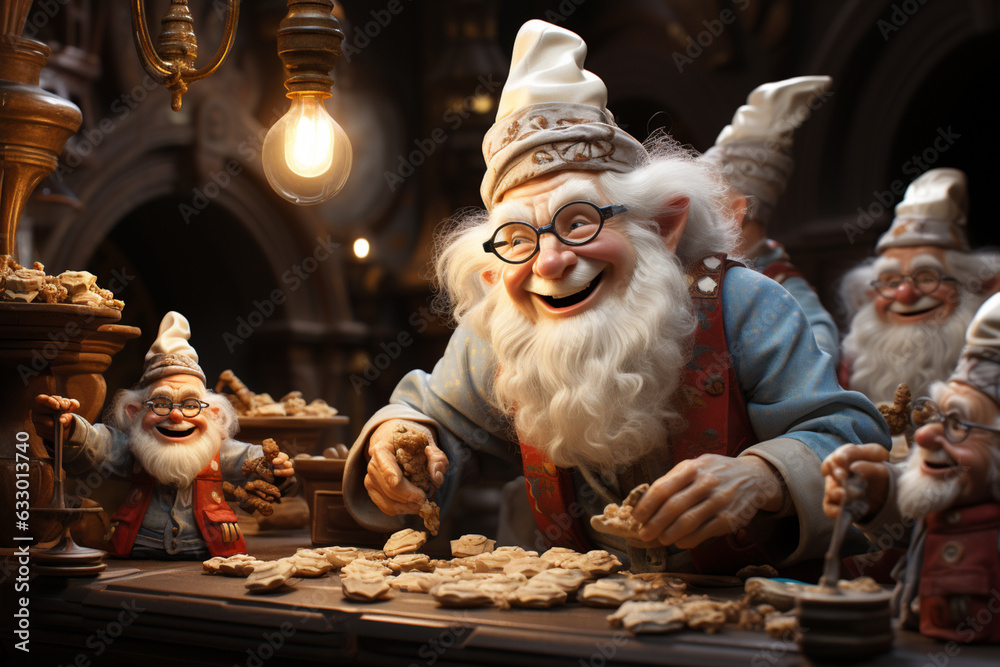 Poster A joyful scene of elves baking an array of delicious holiday cookies, their mischievous expressions adding charm to the moment  Generative AI technology.