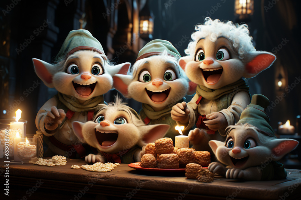 Poster A joyful scene of elves baking an array of delicious holiday cookies, their mischievous expressions adding charm to the moment  Generative AI technology.