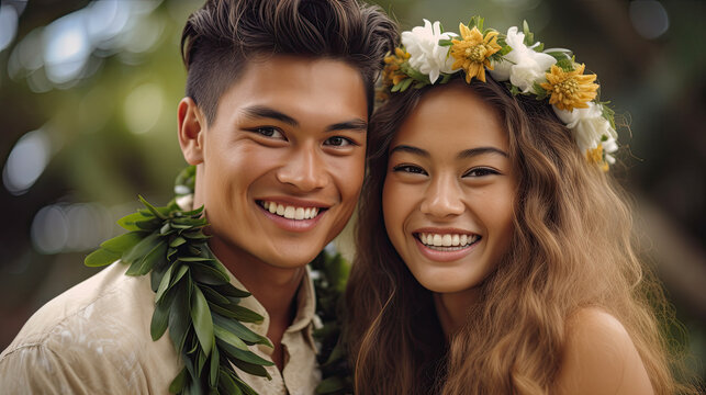 girl and young man in Hawaiian folk costume outdoores. Couple of young people in the national traditional clothes of Hawaii.