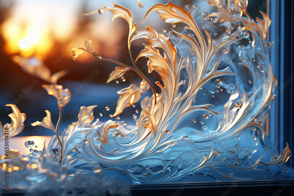 Poster  An atmospheric shot of frost forming on a window in the shape of whimsical swirls and curves, evoking a sense of magic.  Generative AI technology.