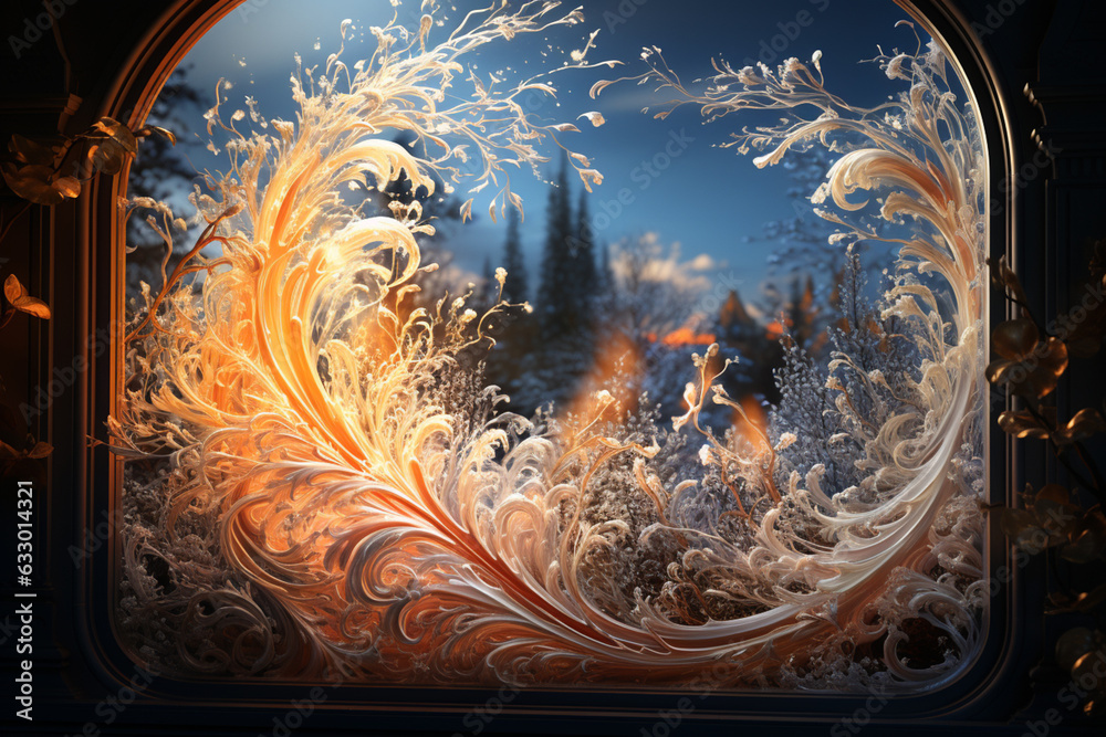 Poster  An atmospheric shot of frost forming on a window in the shape of whimsical swirls and curves, evoking a sense of magic.  Generative AI technology.