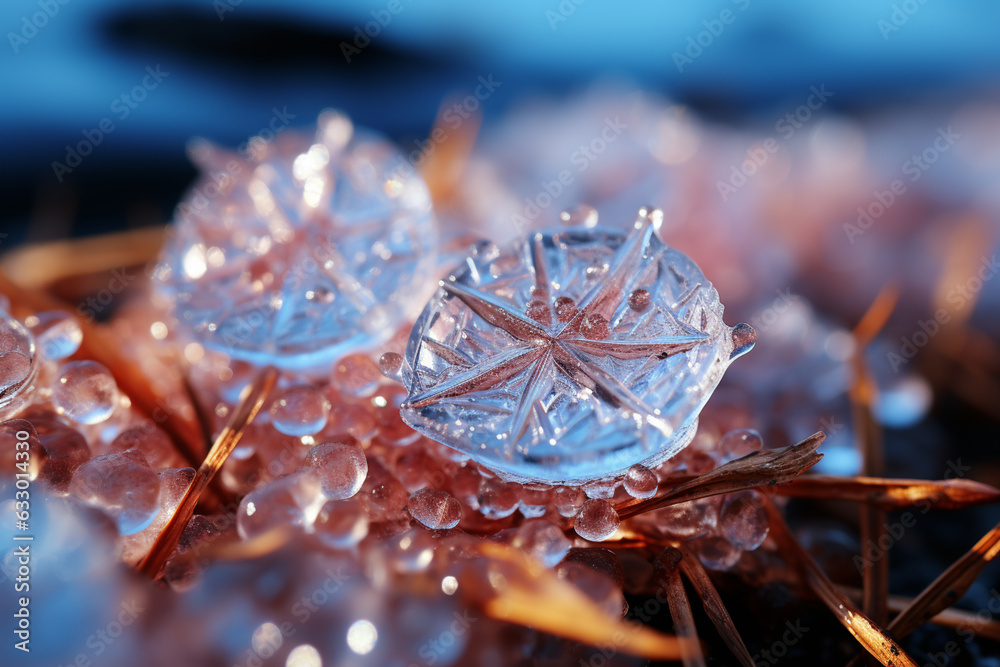 Poster  A close-up photograph of a spider's web covered in frost, with each delicate strand sparkling with icy crystals.  Generative AI technology.