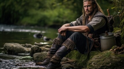 Naklejka na ściany i meble A Big Viking Resting near a Lake after Fighting.