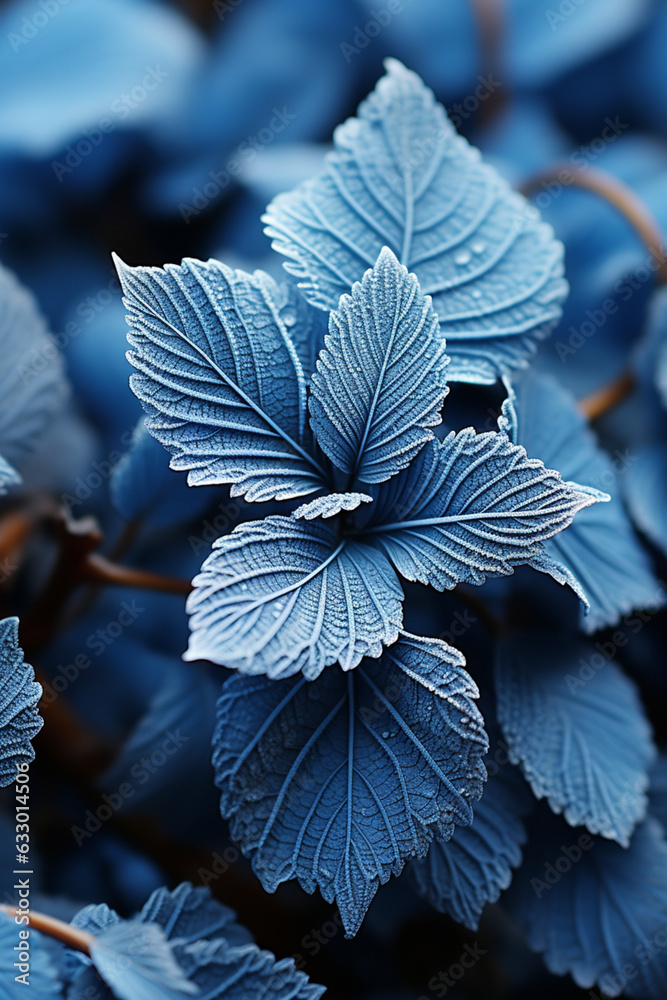 Poster a close-up shot of frost forming intricate patterns on the surface of leaves and branches, showcasin